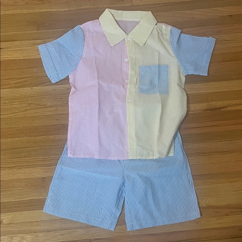 Colorful Striped Short Sleeve Shirt and Shorts Set 9Y